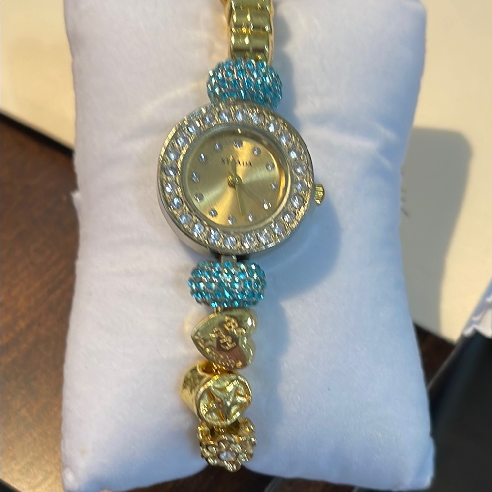 Geneva Gold and Blue Crystal Embellished Watch